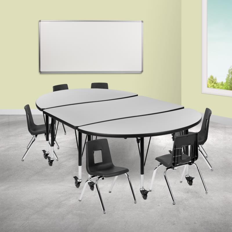 Emmy Mobile 76" Oval Wave Flexible Laminate Activity Table Set with 12" Student Stack Chairs, Grey/Black