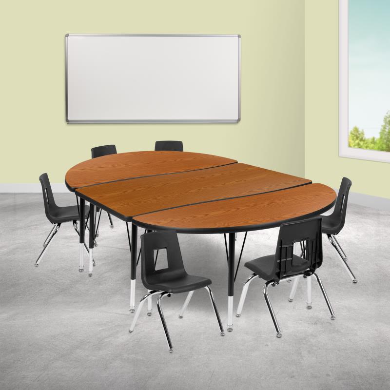 Emmy 86" Oval Wave Flexible Laminate Activity Table Set with 14" Student Stack Chairs, Grey/Black