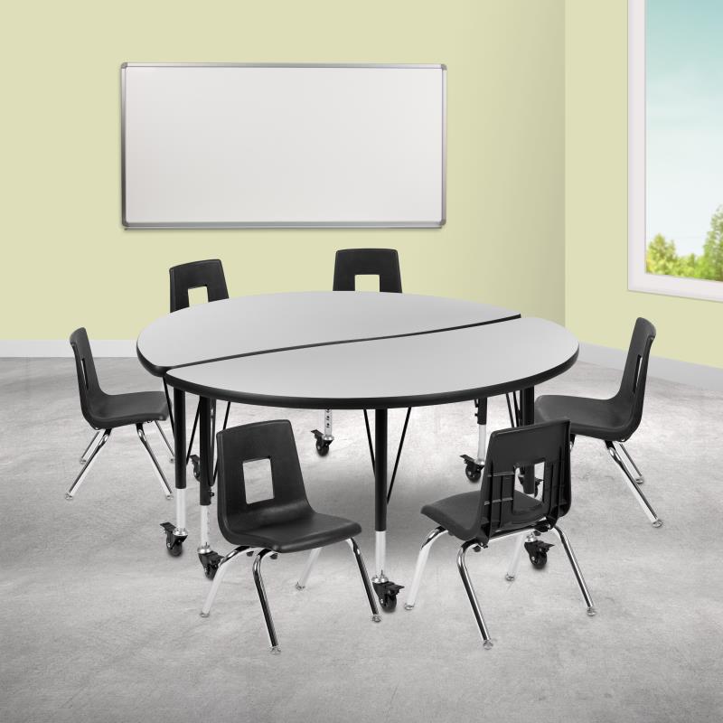 Emmy Circle Wave Collaborative Activity Table Set: Table + 12" Black Chairs / Mobile / 47.5" / Gray