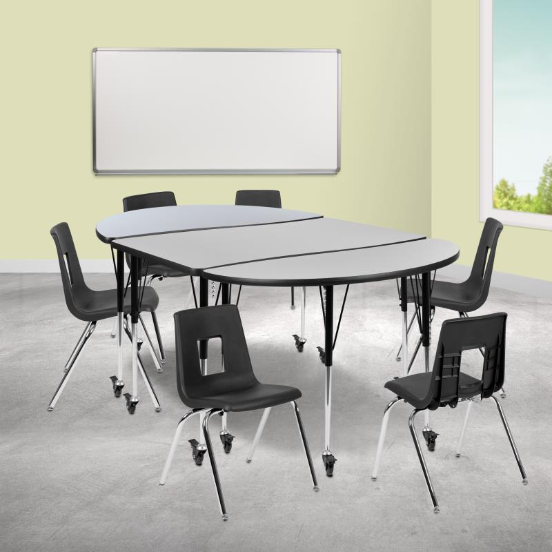 Emmy Mobile 86" Oval Wave Flexible Laminate Activity Table Set with 18" Student Stack Chairs, Oak/Black