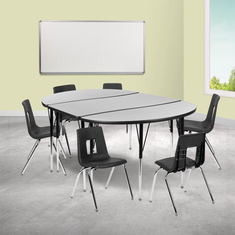 Emmy 2 Piece 76" Oval Wave Flexible Oak Thermal Laminate Activity Table Set - Height Adjustable Short Legs
