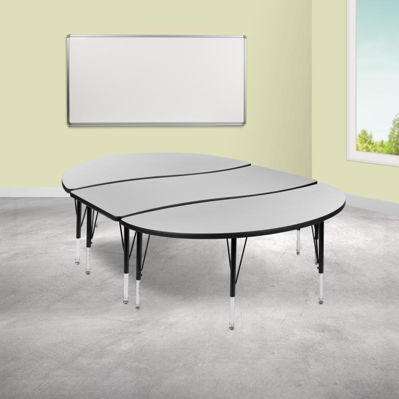 Emmy 2 Piece 86" Oval Wave Flexible Grey Thermal Laminate Activity Table Set - Height Adjustable Short Legs