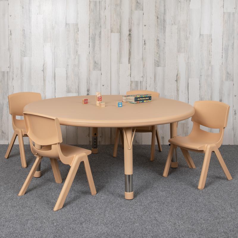 Emmy 45" Round Natural Plastic Height Adjustable Activity Table Set with 4 Chairs