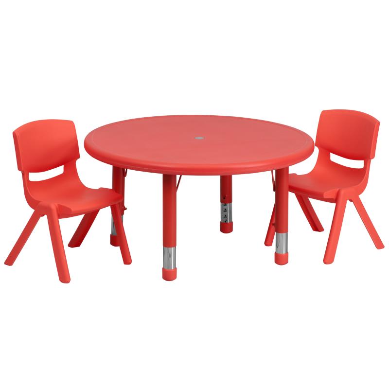 Emmy 33'' Round Red Plastic Height Adjustable Activity Table Set with 2 Chairs