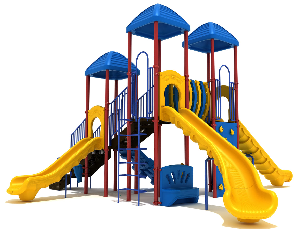Lemon Grove commercial playground in Primary colors, front view