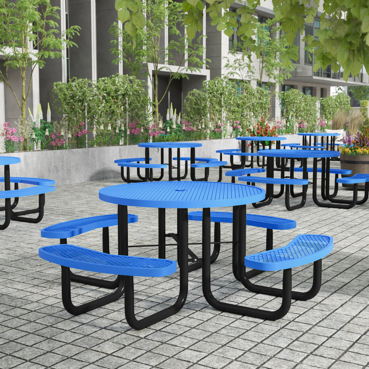 Creekside 46-inch round blue freestanding commercial picnic table, alternate view 1