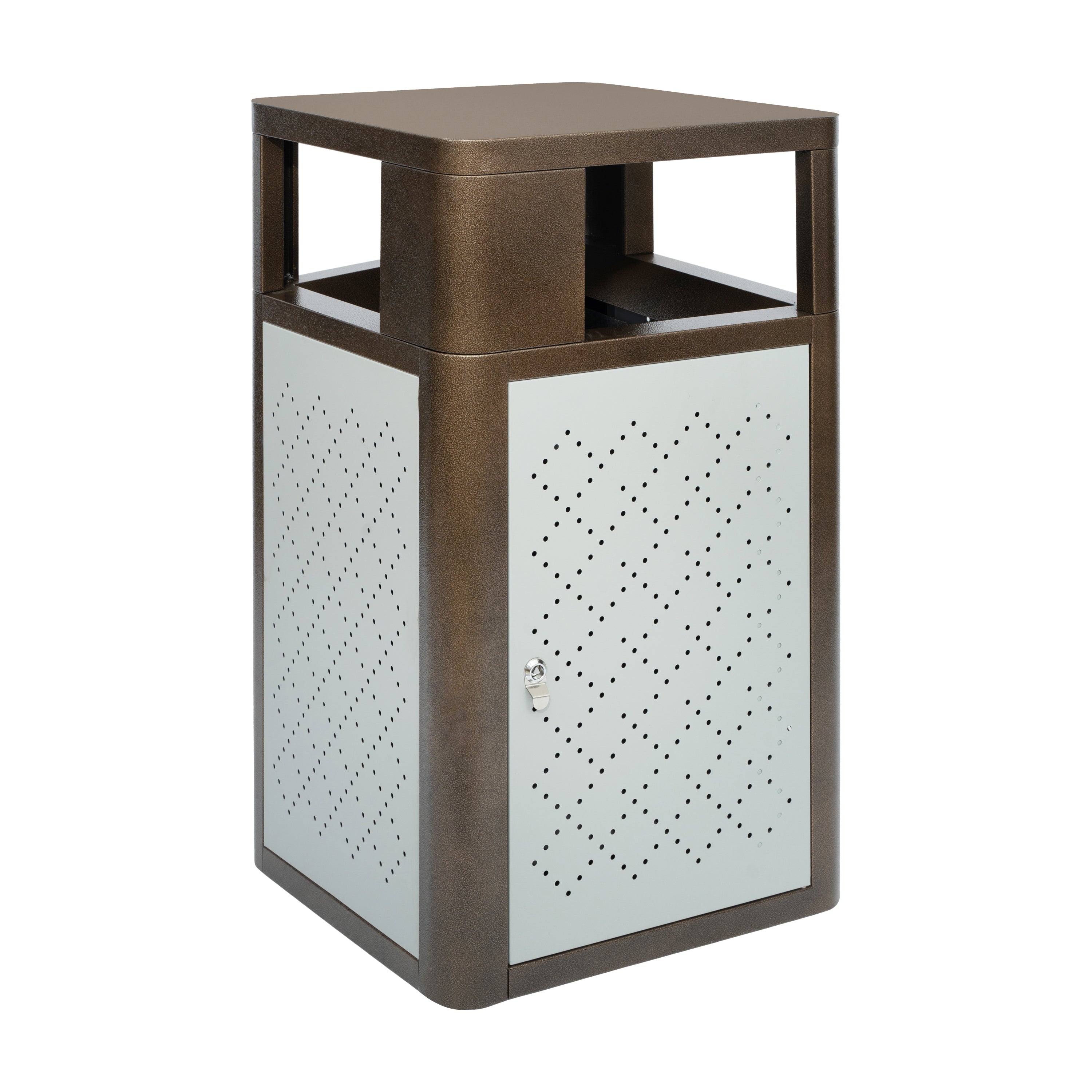 Brooks 31.4-gallon commercial steel trash receptacle in brown and silver