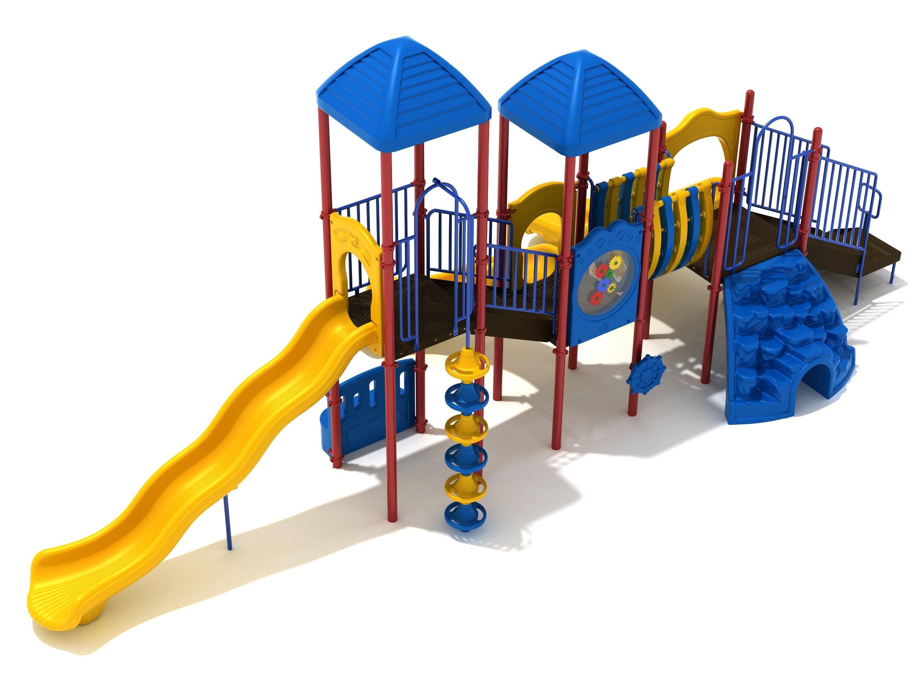 Ladera Heights commercial playground in Primary colors, front view
