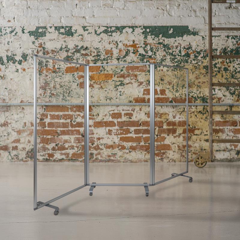 Raisley Transparent Acrylic Mobile Partition with Lockable Casters, 72"H x 36"L (3 Sections Included)
