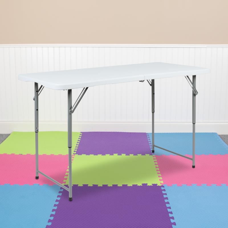 Kathryn 8-Foot Height Adjustable Bi-Fold Granite White Plastic Banquet and Event Folding Table with Carrying Handle