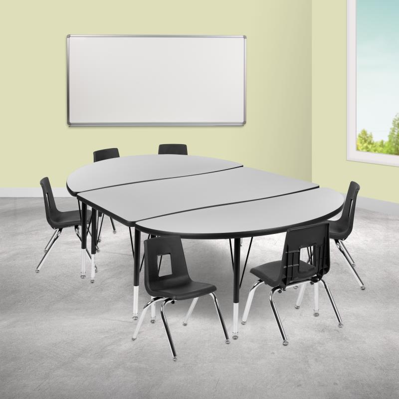 Emmy 86" Oval Wave Flexible Laminate Activity Table Set with 12" Student Stack Chairs, Oak/Black