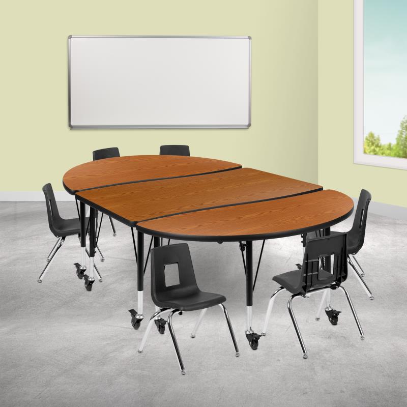 Emmy Mobile 76" Oval Wave Flexible Laminate Activity Table Set with 12" Student Stack Chairs, Oak/Black