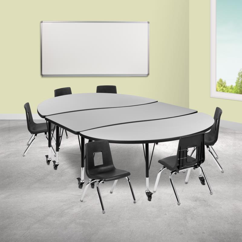 Emmy Mobile 86" Oval Wave Flexible Laminate Activity Table Set with 12" Student Stack Chairs, Grey/Black