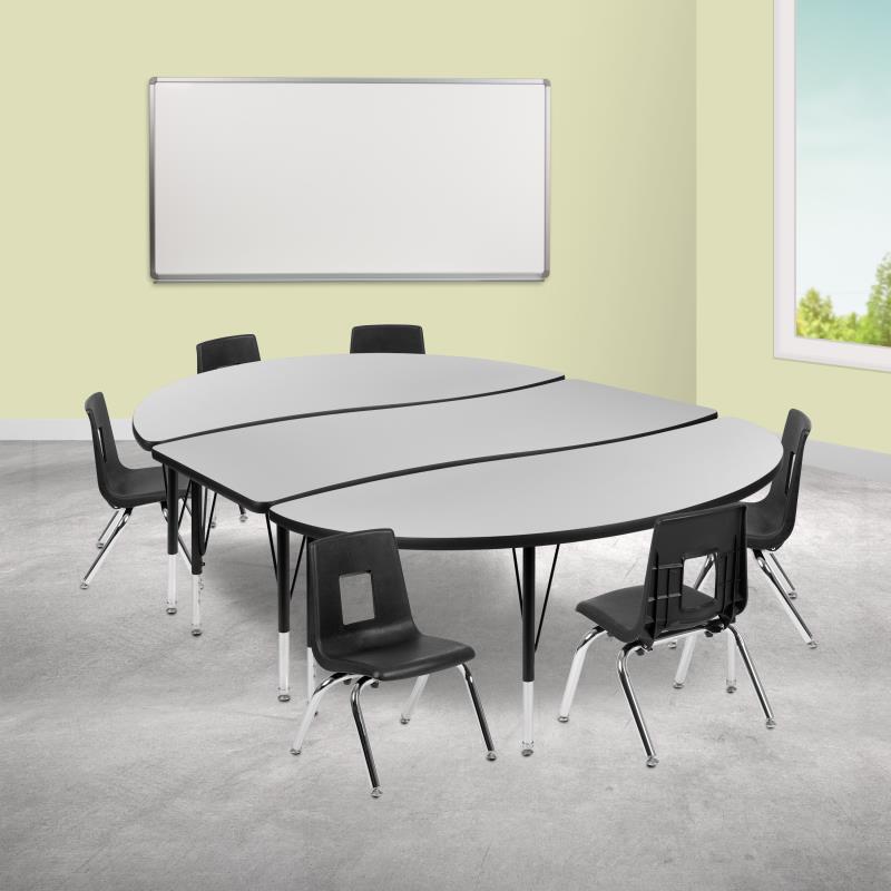 Emmy 86" Oval Wave Flexible Laminate Activity Table Set with 14" Student Stack Chairs, Oak/Black