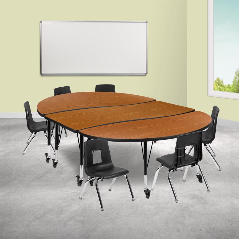 Emmy Mobile 86" Oval Wave Flexible Laminate Activity Table Set with 12" Student Stack Chairs, Oak/Black