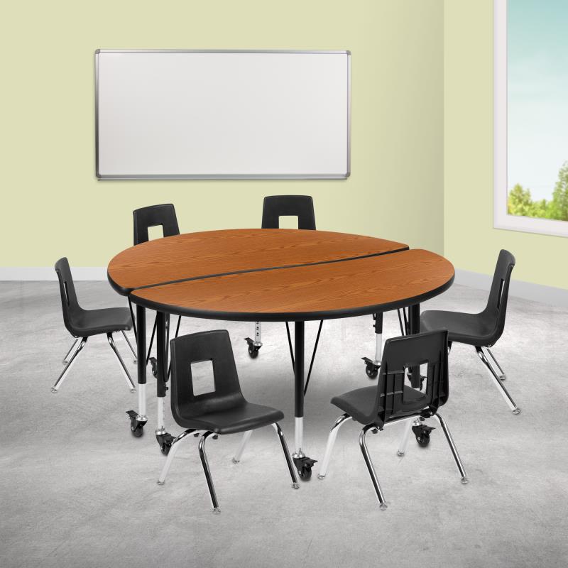 Emmy Mobile 47.5" Circle Wave Flexible Laminate Activity Table Set with 12" Student Stack Chairs, Oak/Black