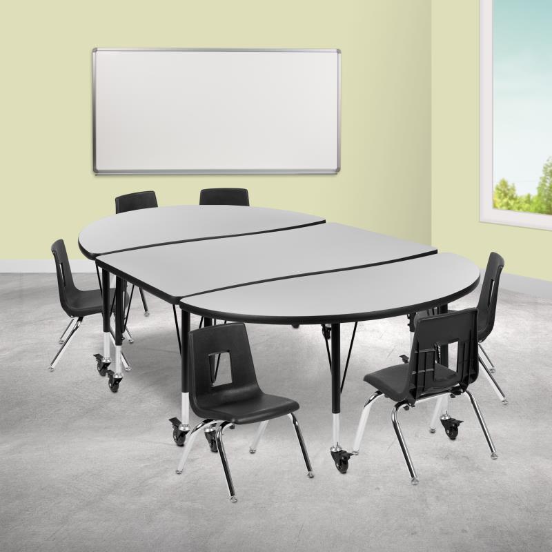Emmy Mobile 76" Oval Wave Flexible Laminate Activity Table Set with 14" Student Stack Chairs, Grey/Black