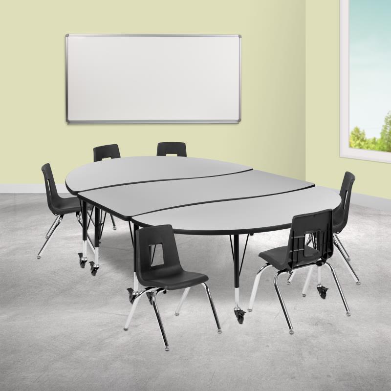 Emmy Mobile 86" Oval Wave Flexible Laminate Activity Table Set with 14" Student Stack Chairs, Grey/Black