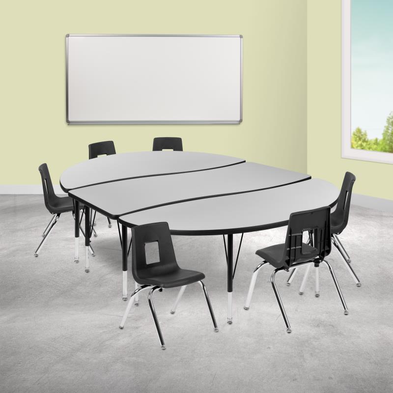 Emmy 86" Oval Wave Flexible Laminate Activity Table Set with 18" Student Stack Chairs, Oak/Black