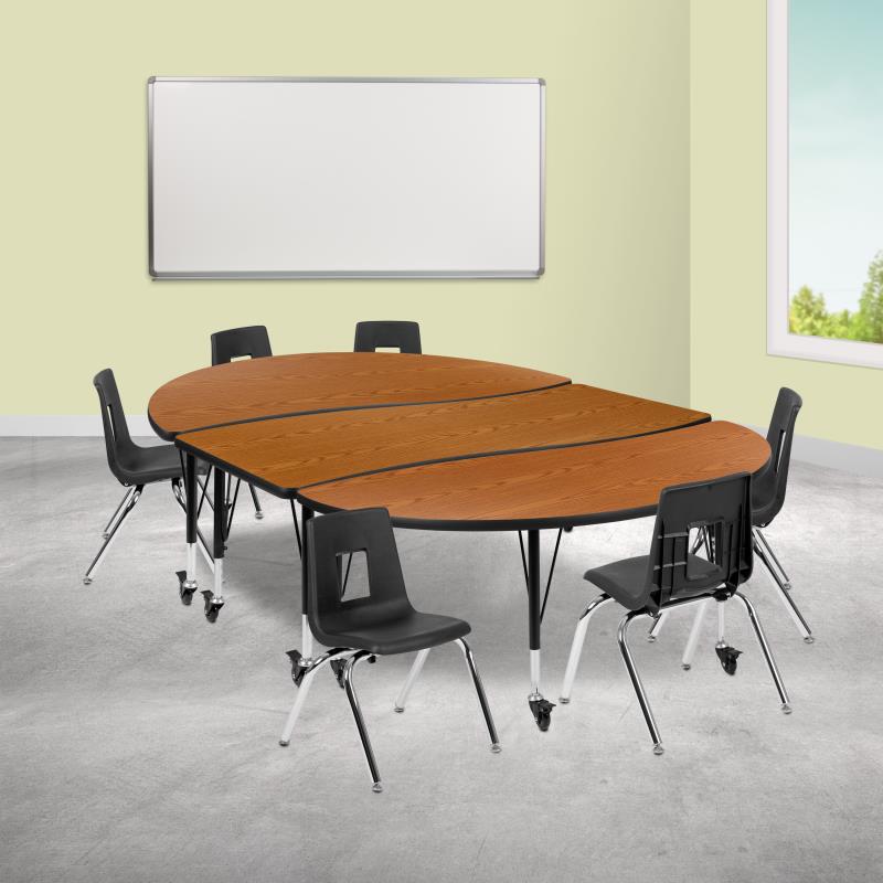 Emmy Mobile 86" Oval Wave Flexible Laminate Activity Table Set with 14" Student Stack Chairs, Oak/Black