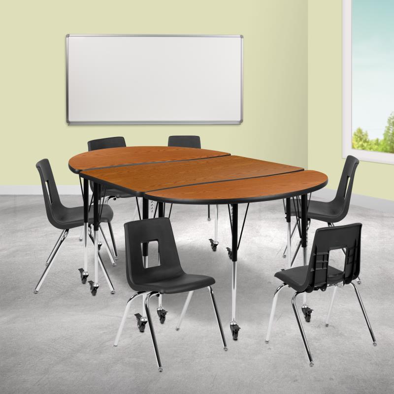Emmy 76" Oval Wave Flexible Laminate Activity Table Set with 12" Student Stack Chairs, Grey/Black