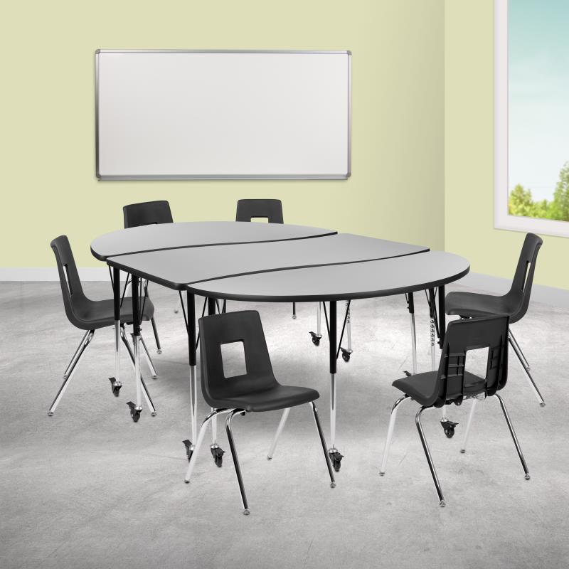 Emmy 76" Oval Wave Flexible Laminate Activity Table Set with 12" Student Stack Chairs, Oak/Black