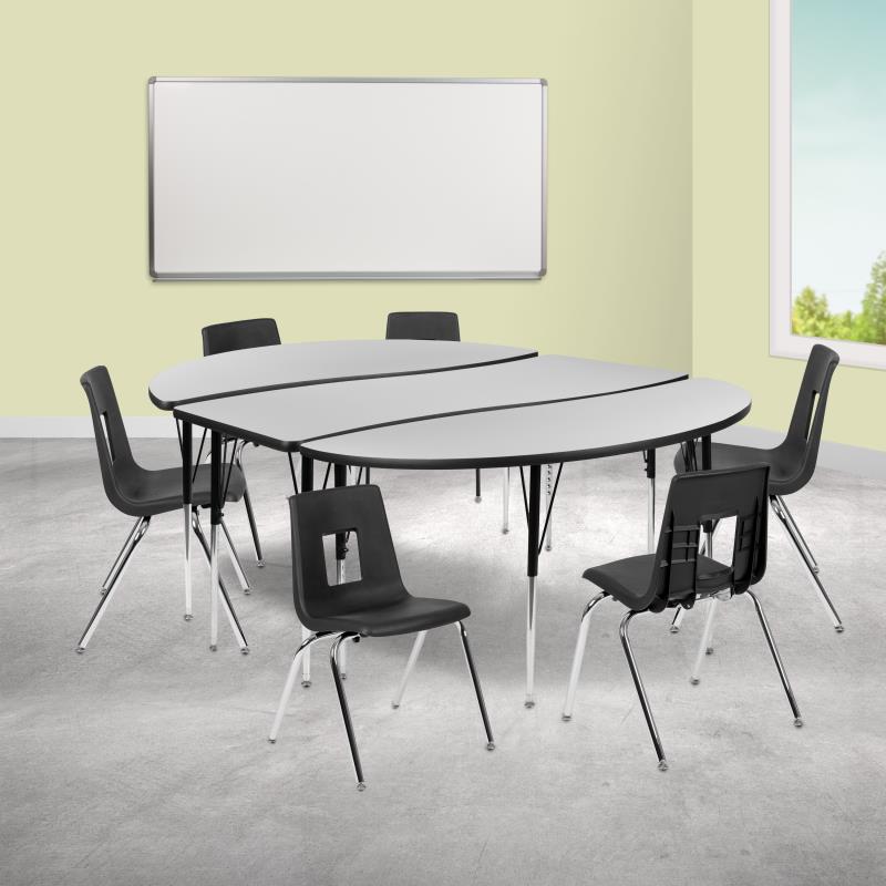 Emmy 2 Piece 86" Oval Wave Flexible Oak Thermal Laminate Activity Table Set - Height Adjustable Short Legs