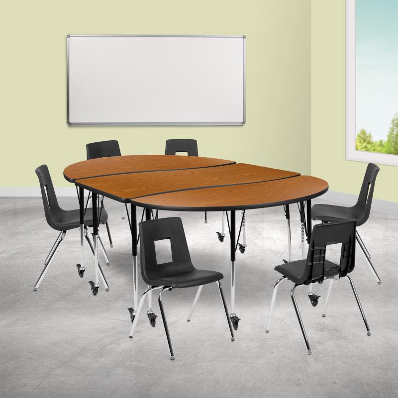 Emmy 86" Oval Wave Flexible Laminate Activity Table Set with 12" Student Stack Chairs, Grey/Black