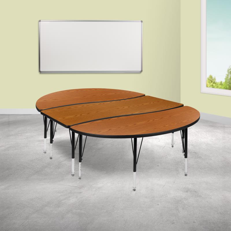 Emmy 2 Piece 86" Oval Wave Flexible Oak Thermal Laminate Activity Table Set - Height Adjustable Short Legs