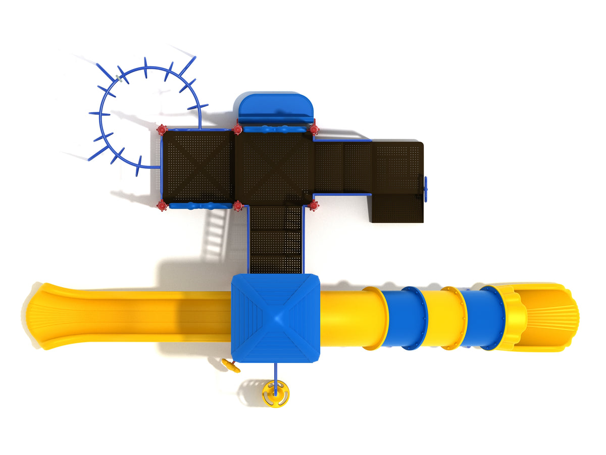 Mustang Island commercial playground in Primary colors, top-down view